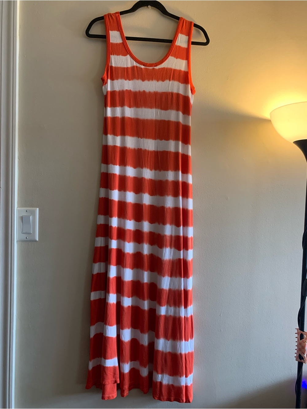 🍊CK Calvin Klein Maxi Dress Sundress Orange & White Striped Tie Dye Style - Picture 3 of 8